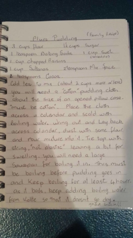 Handwritten Plum Duff recipe from Nan Kemp